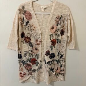 Floral Open-Front Cream Knit Cardigan
